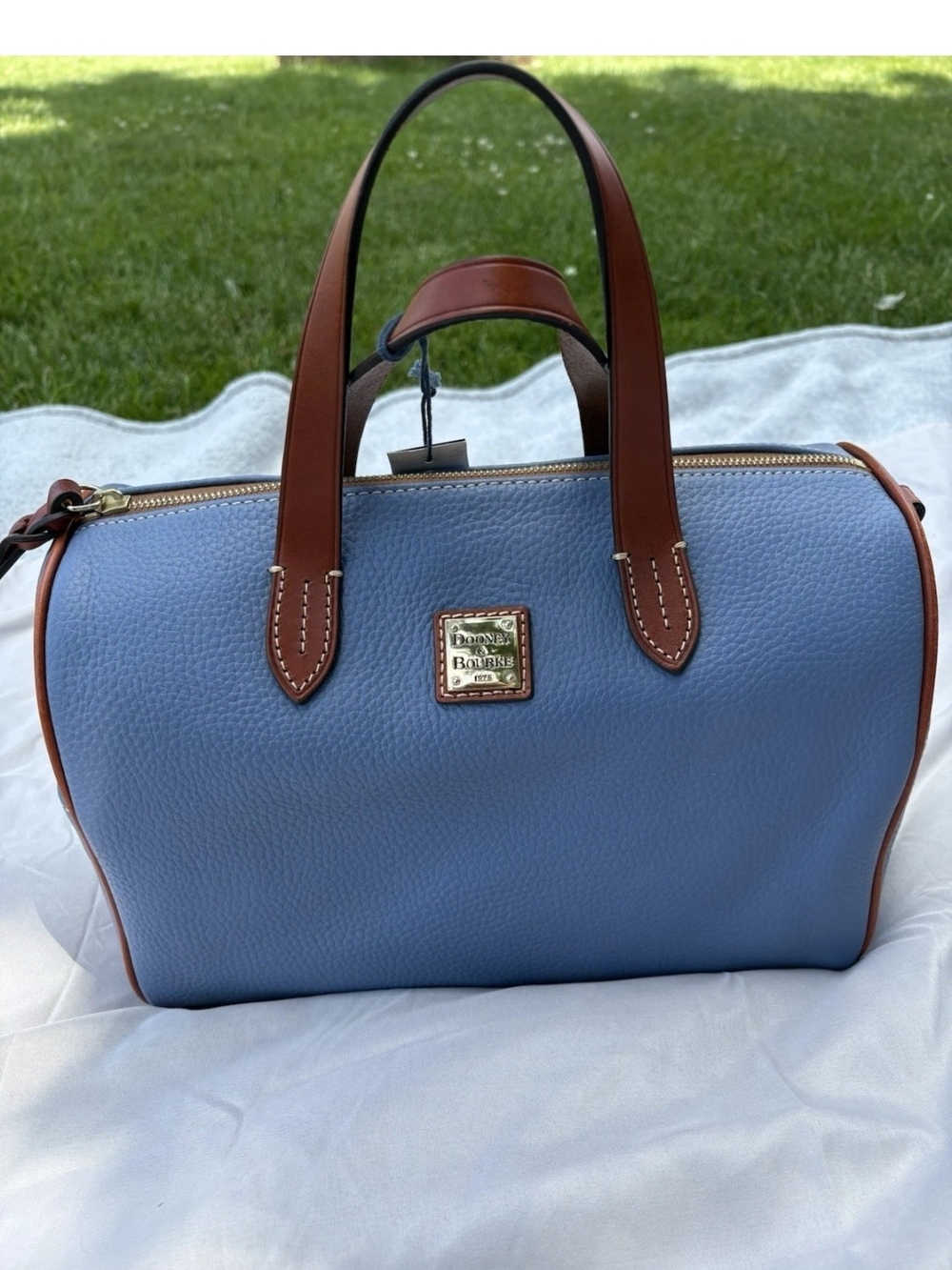 Dooney & Bourke Dusty Blue Leather Satchel with Brown Trim NWT
